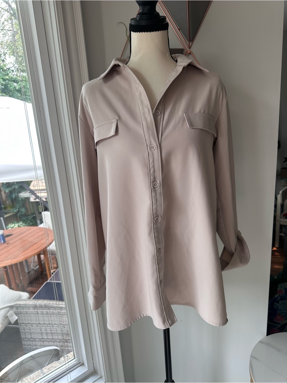 LOUREN from Japan Light Taupe Tan Button-Down Up Women's Blouse Shirt Small Med